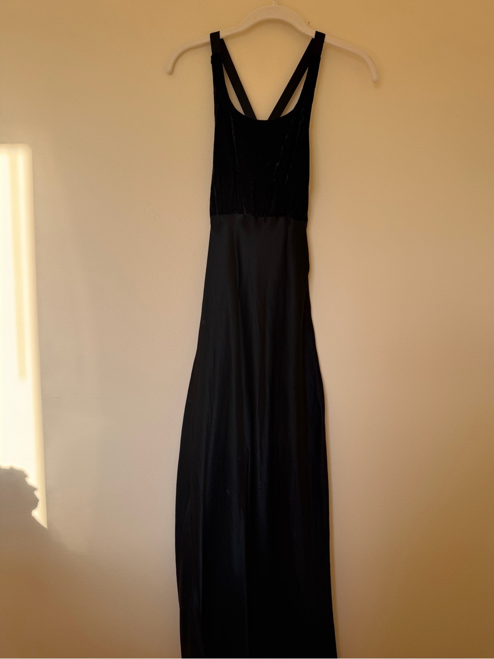 Rampage Black Strappy Satin Maxi Dress with Velvet Bodice
